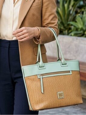 Dooney & Bourke Basketweave Embossed Leather Tote Aqua Trim EUC